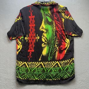 Vintage Bob Marley Shirt Mens Medium Rasta Reggae Rayon Button Allover Print Blk